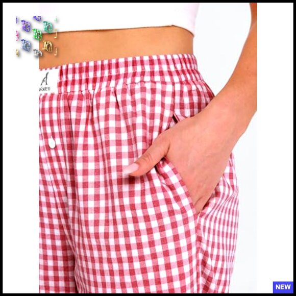 Striped Gingham Palazzo Pants Wide Leg Cropped Lounge Pajama Bottoms with - Picture 6 of 7